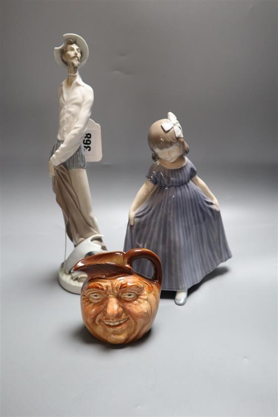 A Royal Copenhagen figure of a girl, a Lladro soldier and a Doulton John Barleycorn jug, tallest 30cm